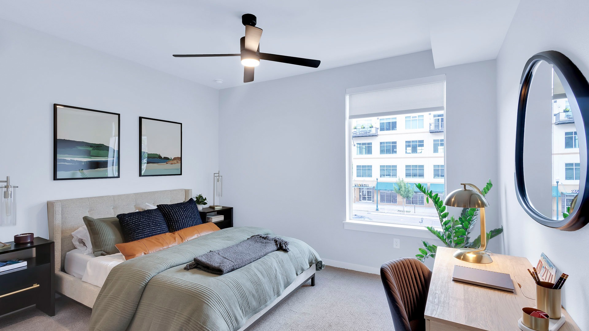 large bedroom with ceiling fan